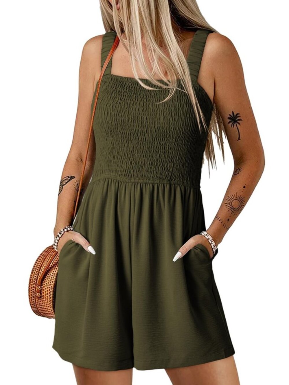 Women's Summer Smocked Rompers Square Neck Loose Shorts Jumpsuits